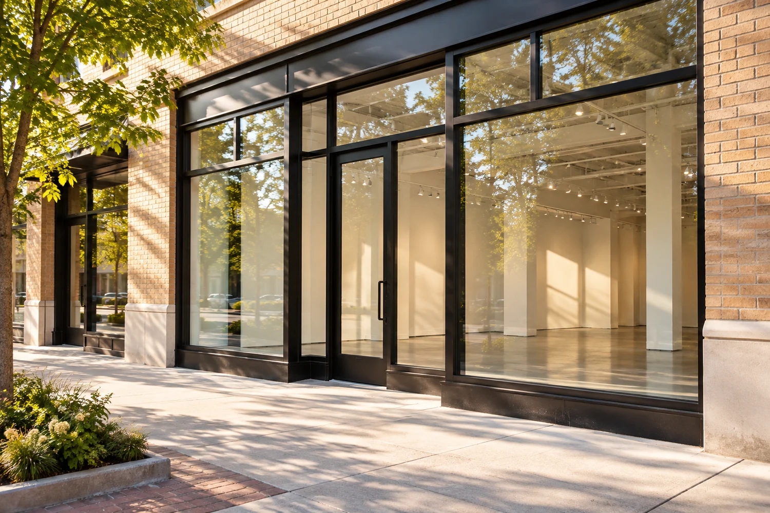 An empty contemporary storefront with black window frames and a clean brick facade in morning light