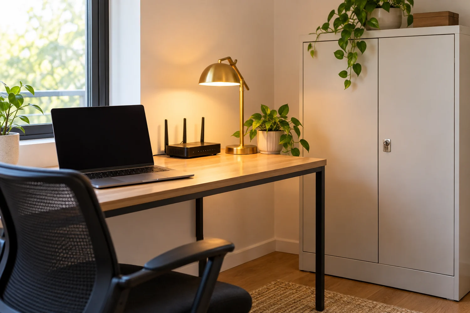 A small-office technology corner with a blank-screen laptop, neatly connected router and closed storage cabinet