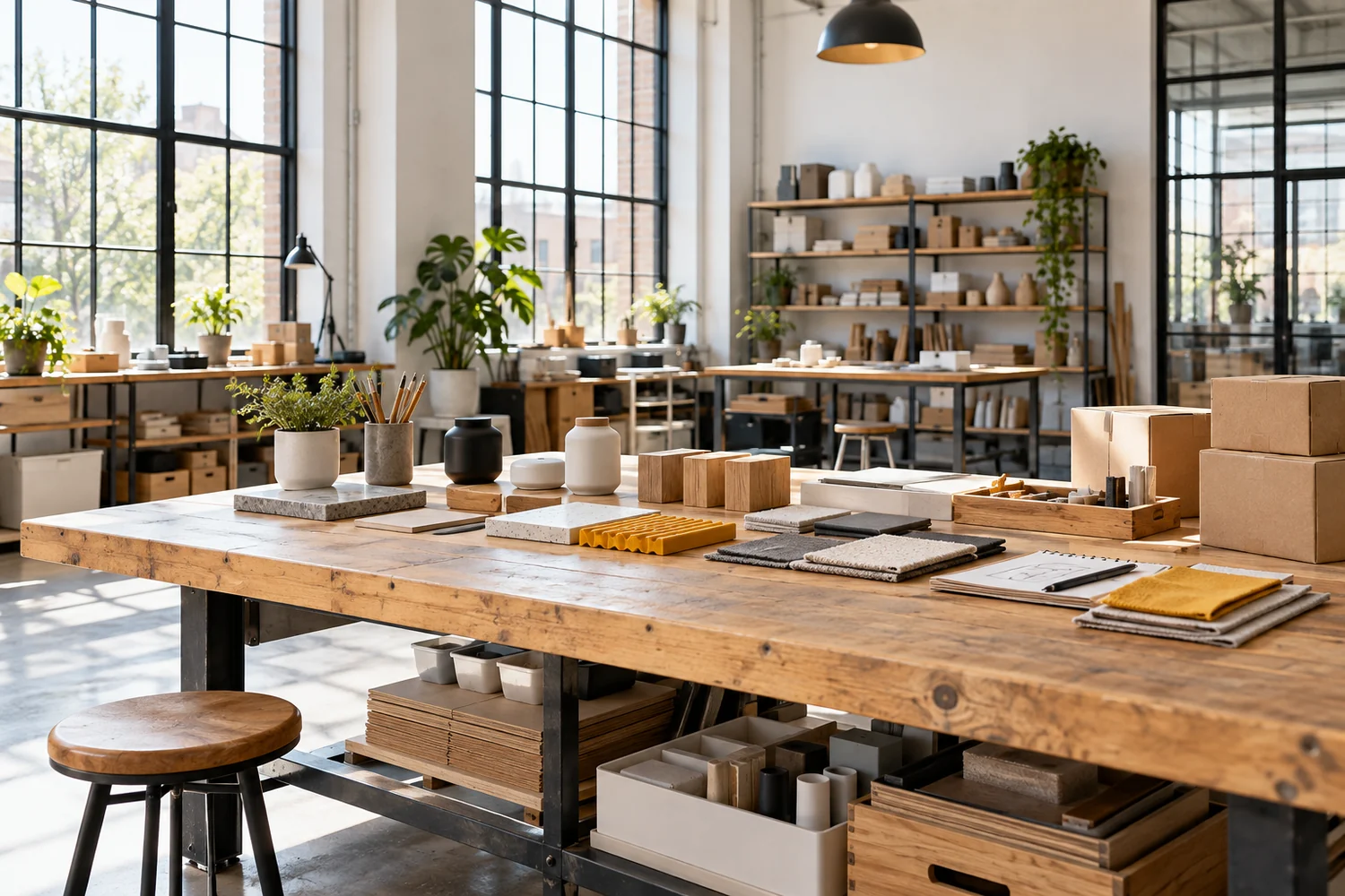 A bright independent maker studio with prototypes and material samples arranged on a broad workbench